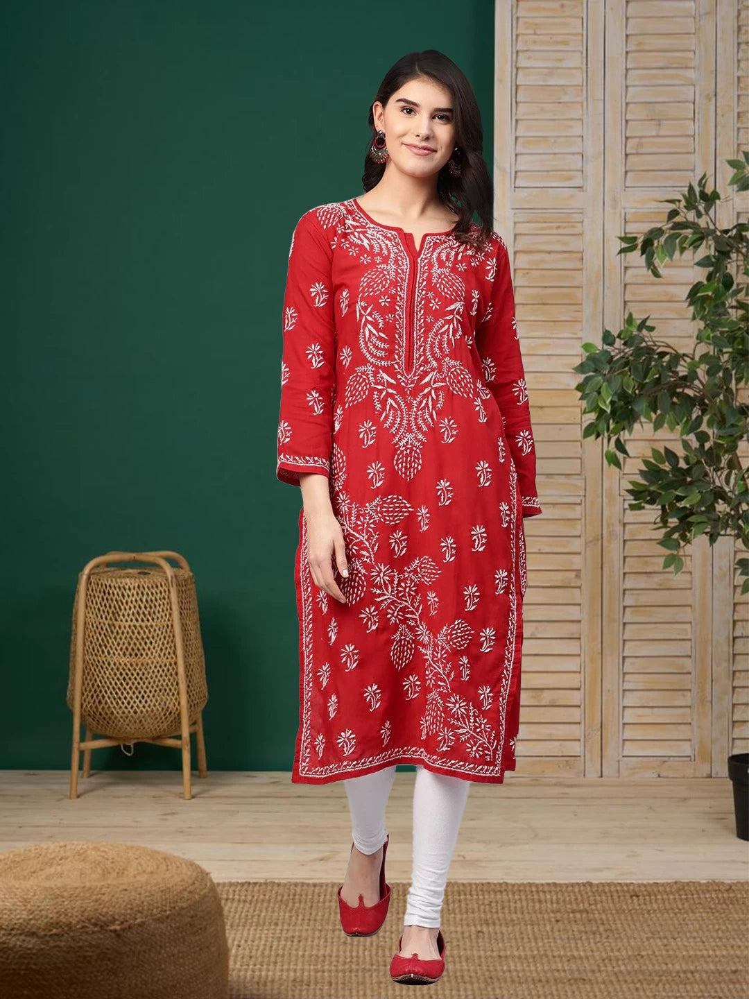 Ada Hand Embroidered Red Cotton Lucknow Chikankari Straight Kurta A133704