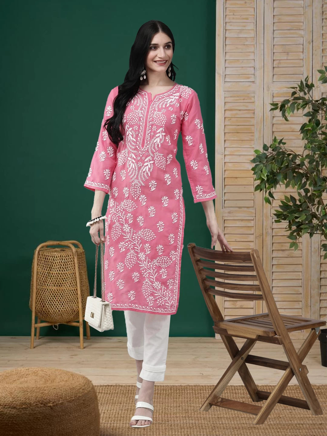 Ada Hand Embroidered Pink Cotton Lucknowi Chikankari Straight Kurta A208000