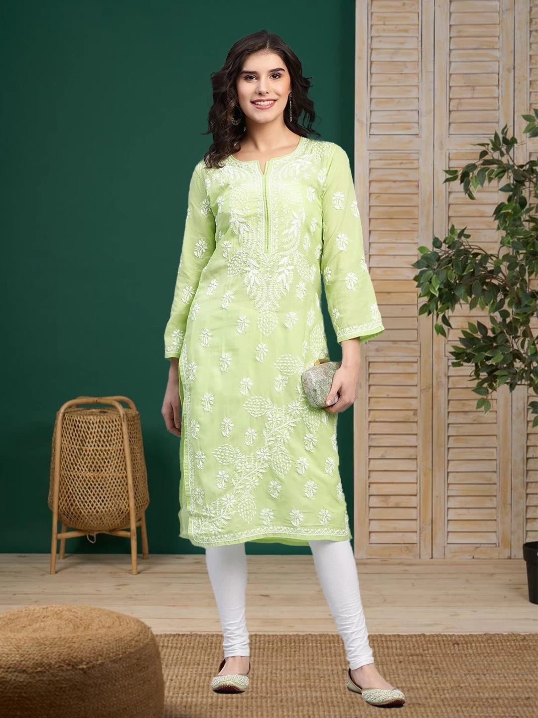 Ada Hand Embroidered Green Cotton Lucknow Chikan Straight Kurta A217028