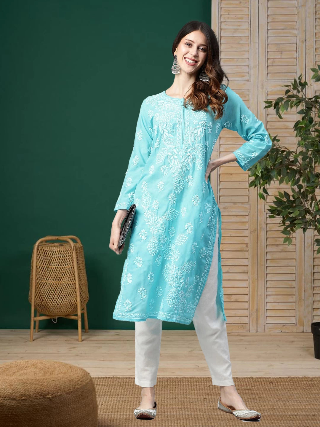 Ada Hand Embroidered Blue Cotton Lucknow Chikan Straight Kurta A207970