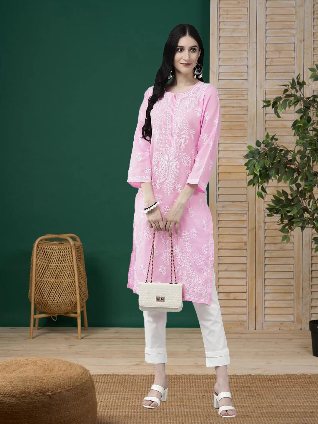 Ada Hand Embroidered Light Pink Cotton Lucknowi Chikankari Straight Kurta A133678