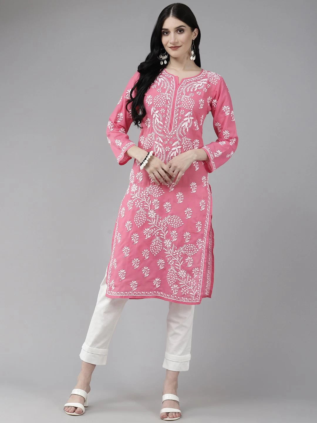 Ada Hand Embroidered Pink Cotton Lucknowi Chikankari Straight Kurta A208000