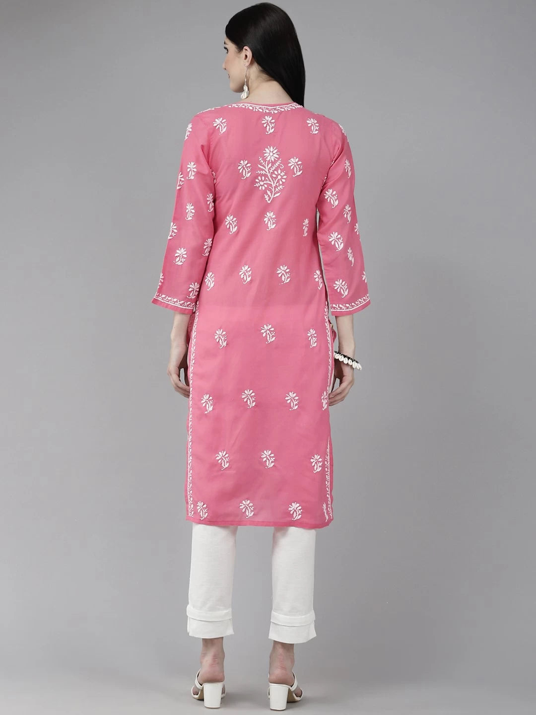 Ada Hand Embroidered Pink Cotton Lucknowi Chikankari Straight Kurta A208000