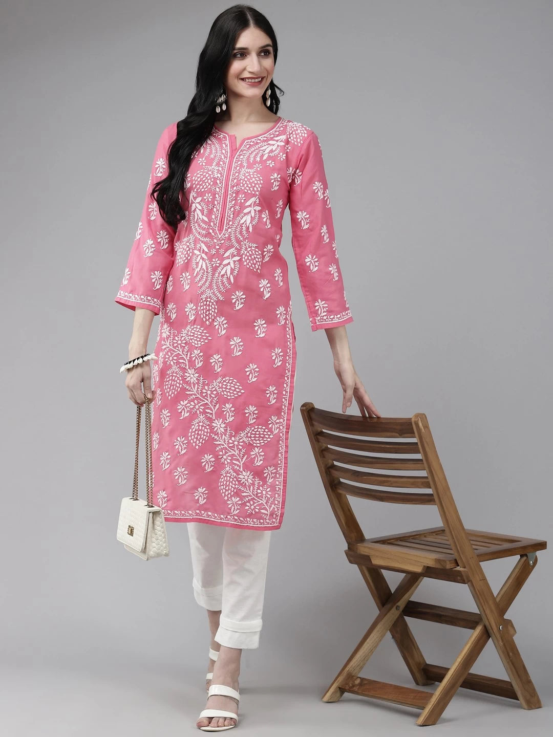 Ada Hand Embroidered Pink Cotton Lucknowi Chikankari Straight Kurta A208000