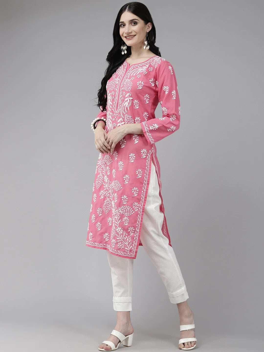 Ada Hand Embroidered Pink Cotton Lucknowi Chikankari Straight Kurta A208000