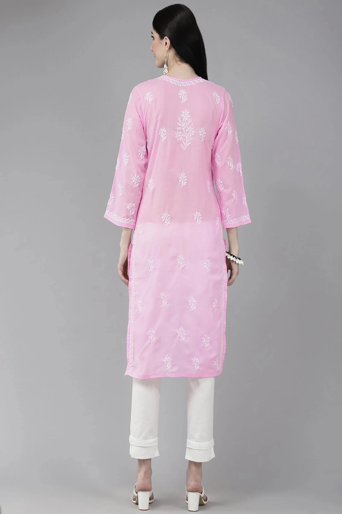 Ada Hand Embroidered Light Pink Cotton Lucknowi Chikankari Straight Kurta A133678