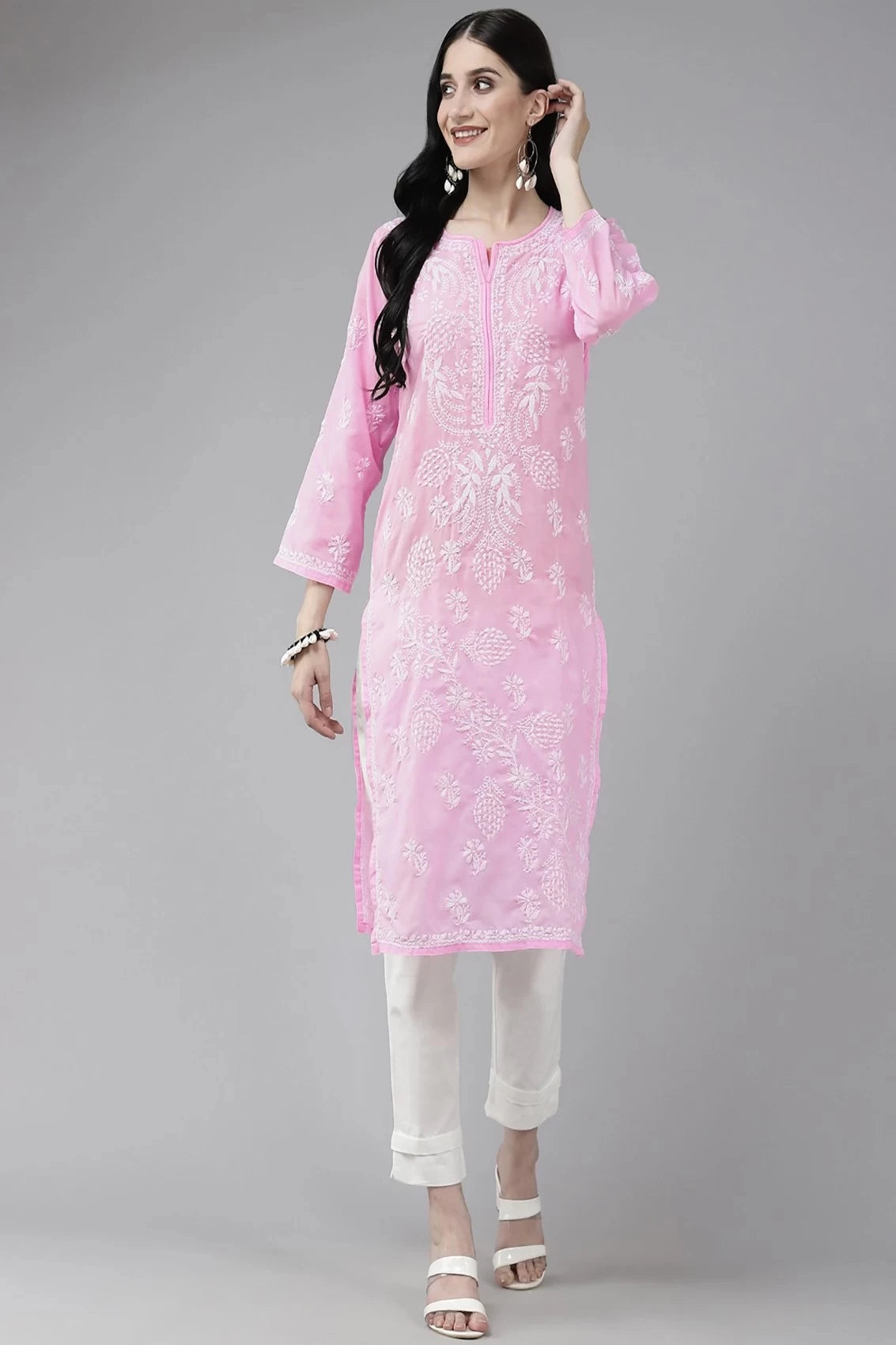 Ada Hand Embroidered Light Pink Cotton Lucknowi Chikankari Straight Kurta A133678