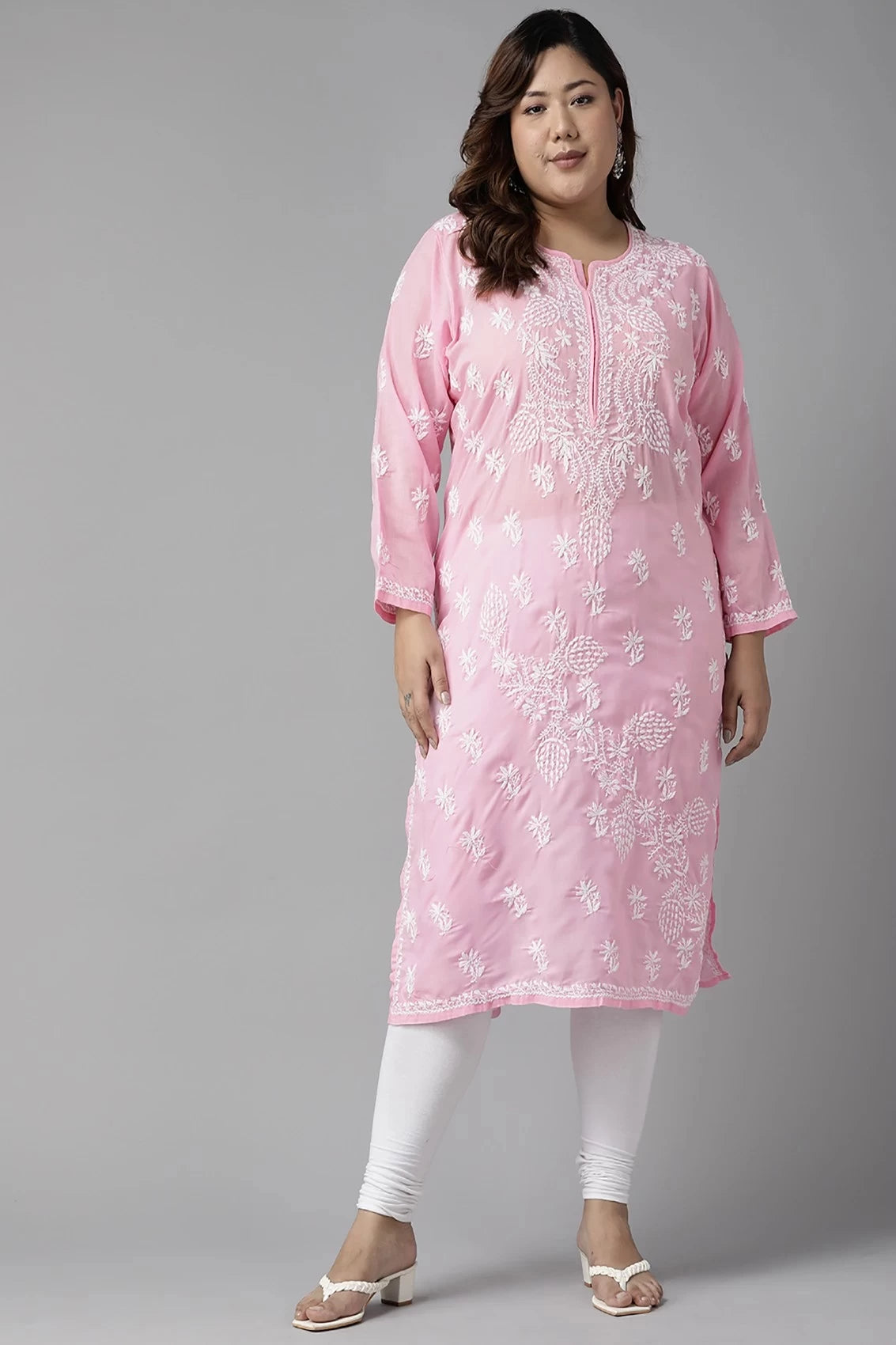Ada Hand Embroidered Light Pink Cotton Lucknowi Chikankari Straight Kurta A133678