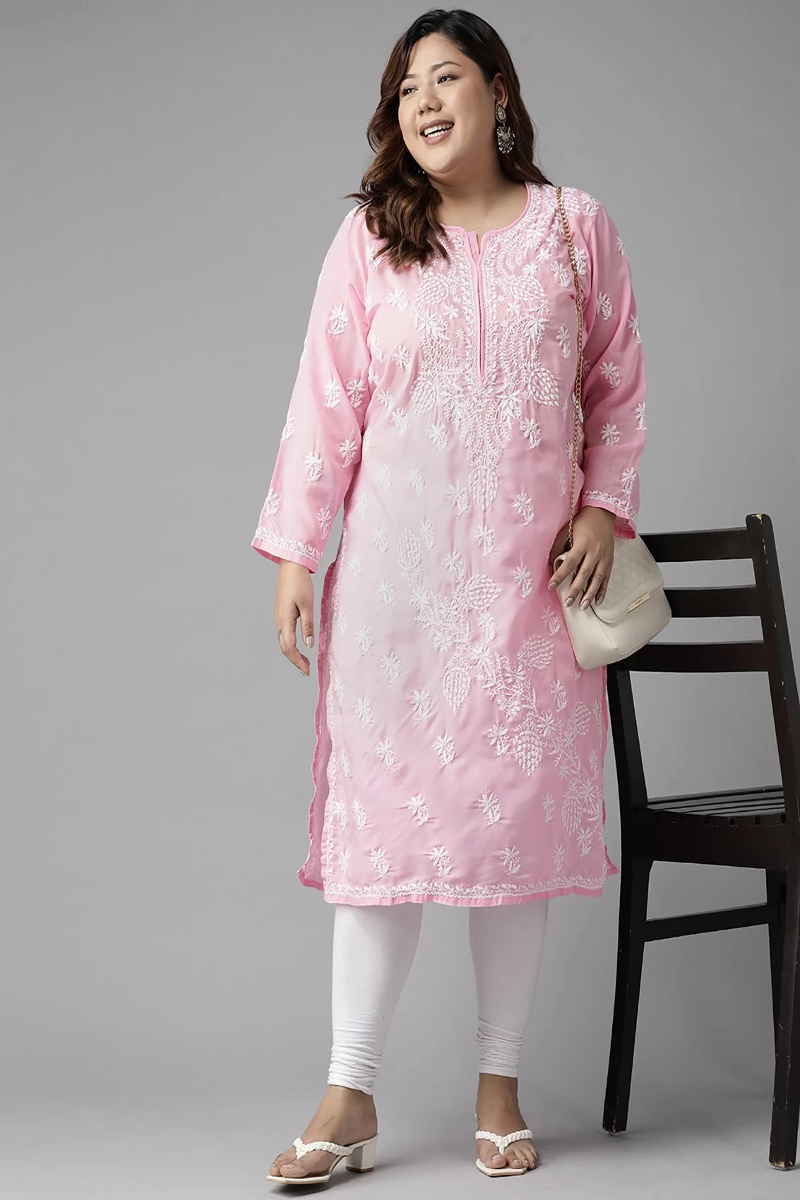 Ada Hand Embroidered Light Pink Cotton Lucknowi Chikankari Straight Kurta A133678