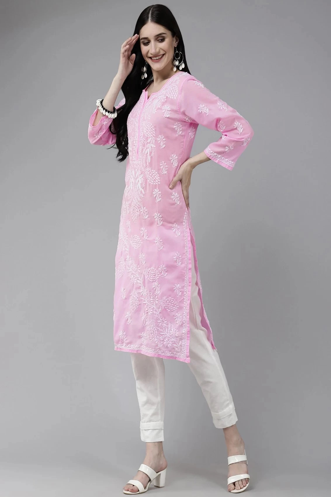Ada Hand Embroidered Light Pink Cotton Lucknowi Chikankari Straight Kurta A133678