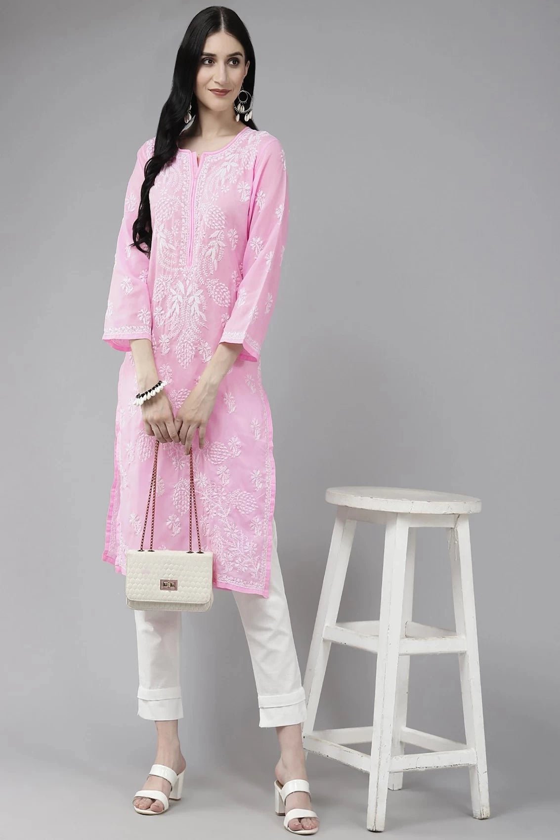 Ada Hand Embroidered Light Pink Cotton Lucknowi Chikankari Straight Kurta A133678