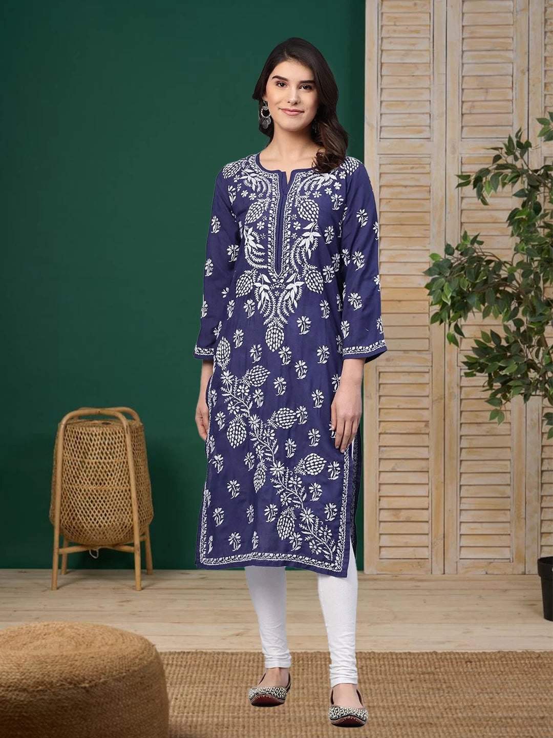 Ada Hand Embroidered Royal Blue Cotton Lucknow Chikan Straight Kurta A259597