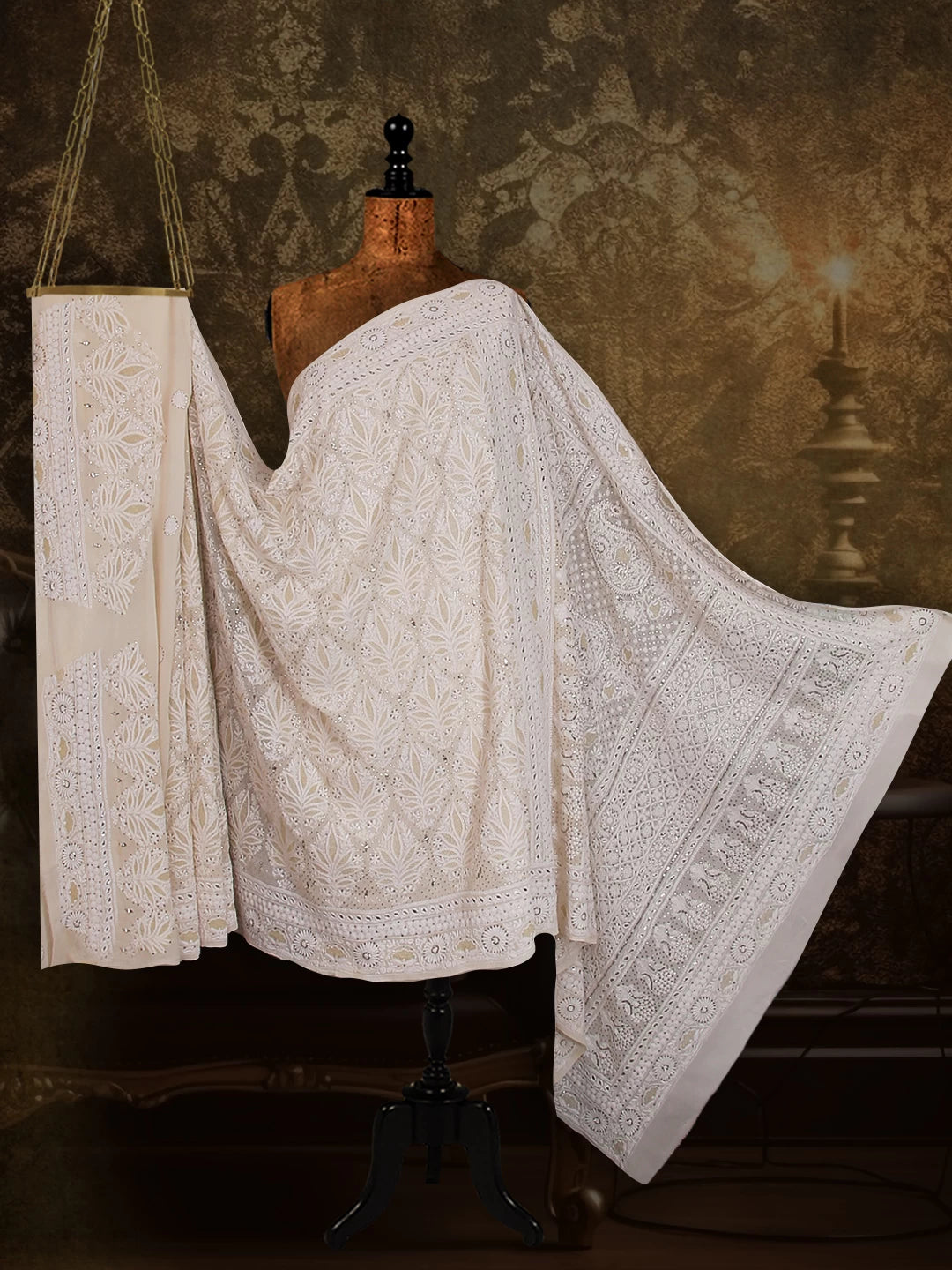 Ada Hand Embroidered Ivory White Pure Georgette Lucknowi Chikankari Saree With Blouse And Muqaish Work A595826