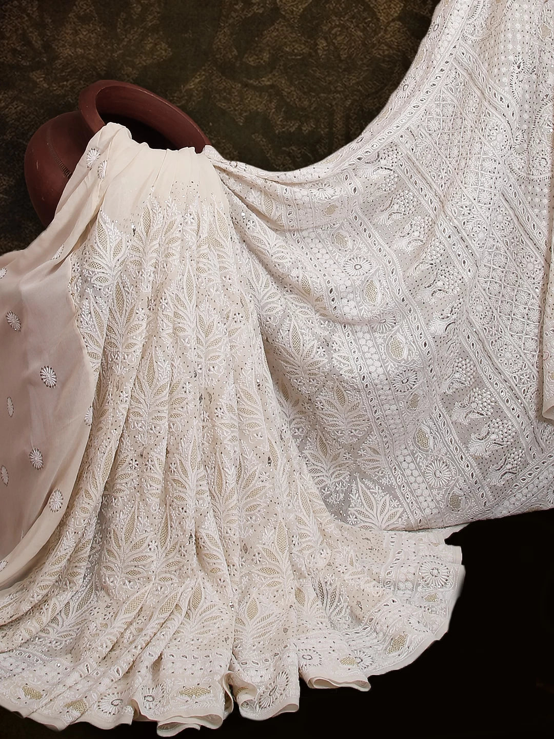 Ada Hand Embroidered Ivory White Pure Georgette Lucknowi Chikankari Saree With Blouse And Muqaish Work A595826