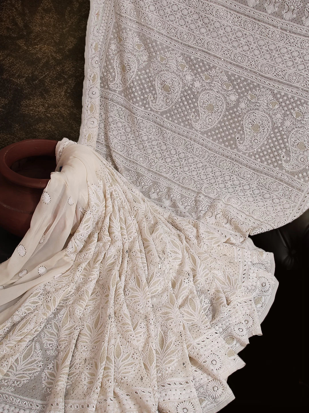Ada Hand Embroidered Ivory White Pure Georgette Lucknowi Chikankari Saree With Blouse And Muqaish Work A595826