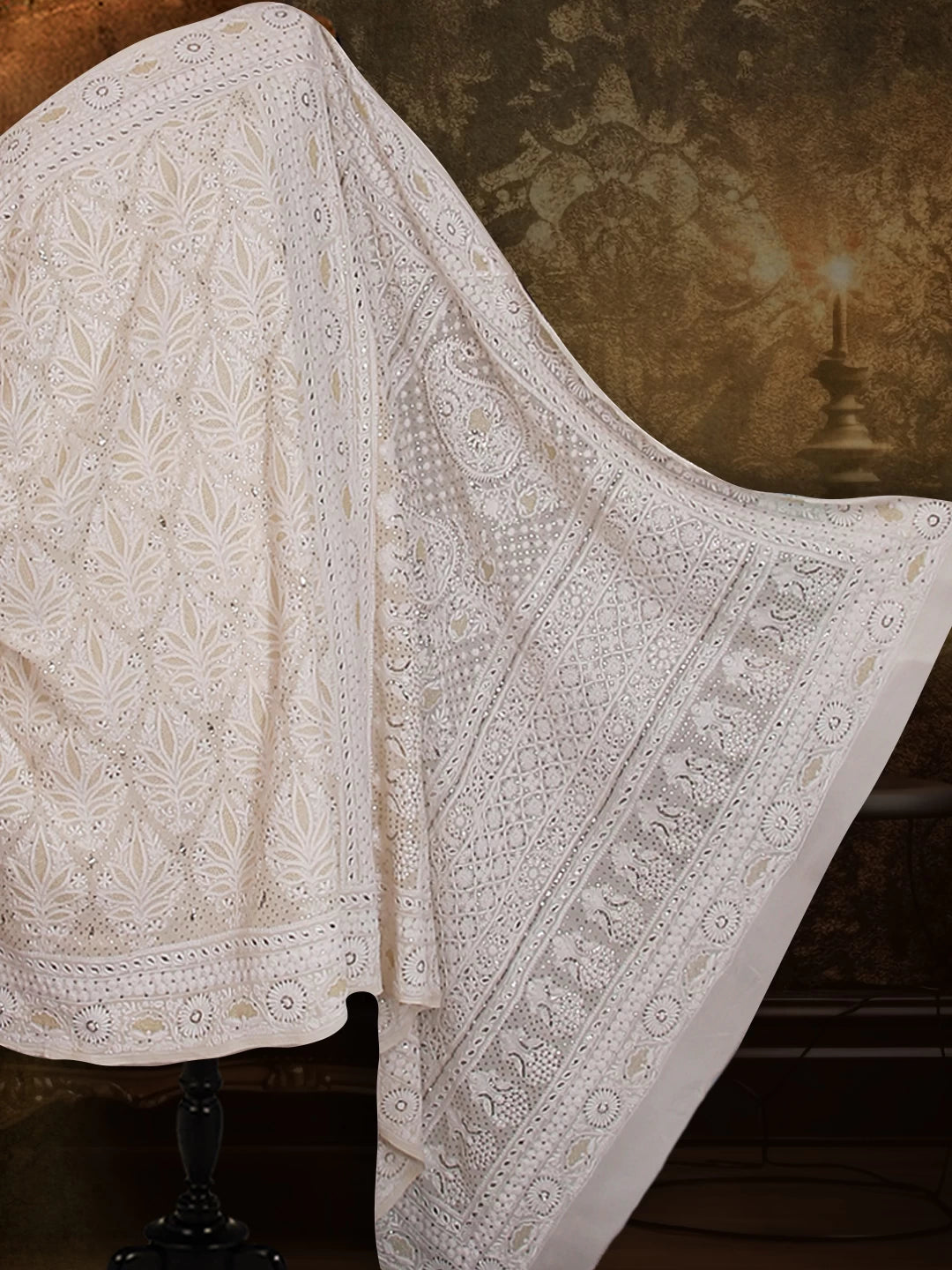 Ada Hand Embroidered Ivory White Pure Georgette Lucknowi Chikankari Saree With Blouse And Muqaish Work A595826