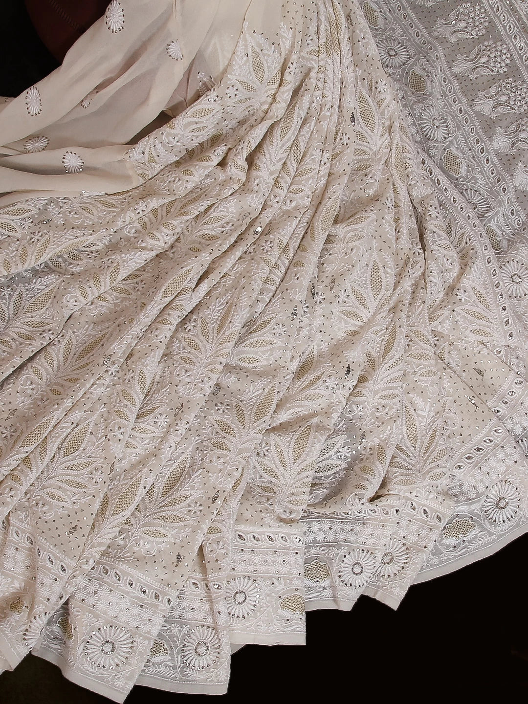 Ada Hand Embroidered Ivory White Pure Georgette Lucknowi Chikankari Saree With Blouse And Muqaish Work A595826
