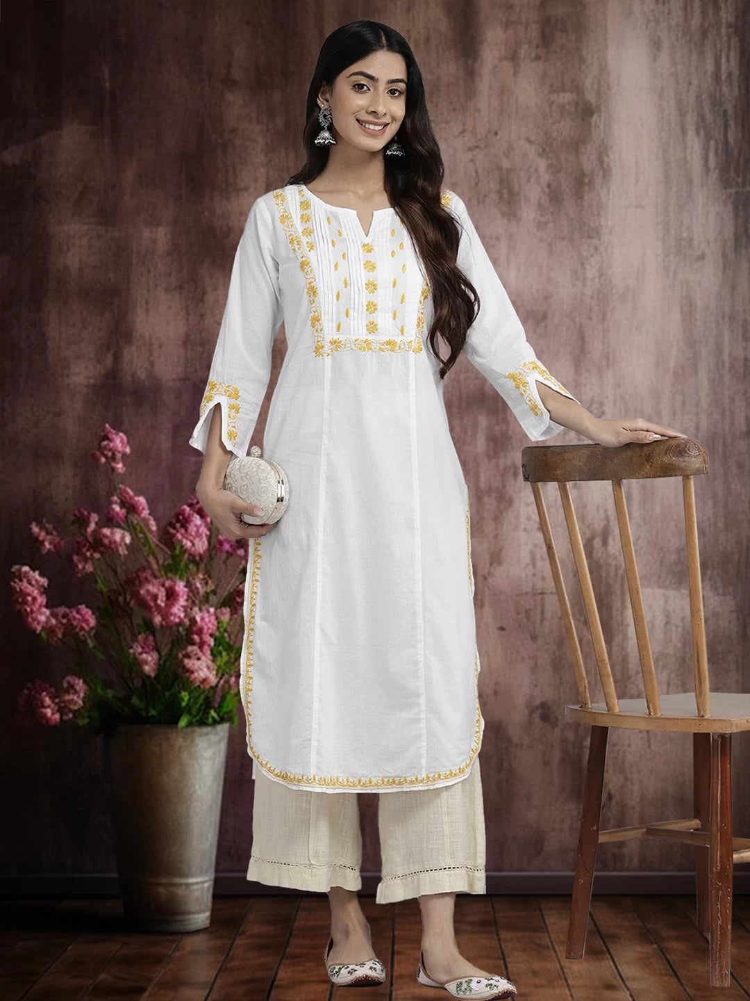 Ada Hand Embroidered White Cotton Lucknowi Chikankari Straight Kurta A411444
