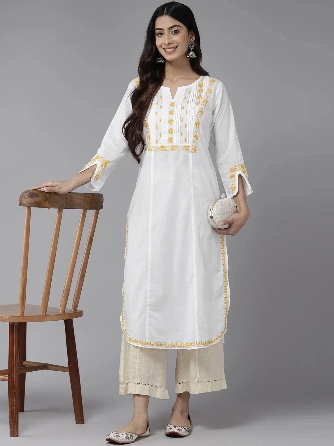 Ada Hand Embroidered White Cotton Lucknowi Chikankari Straight Kurta A411444
