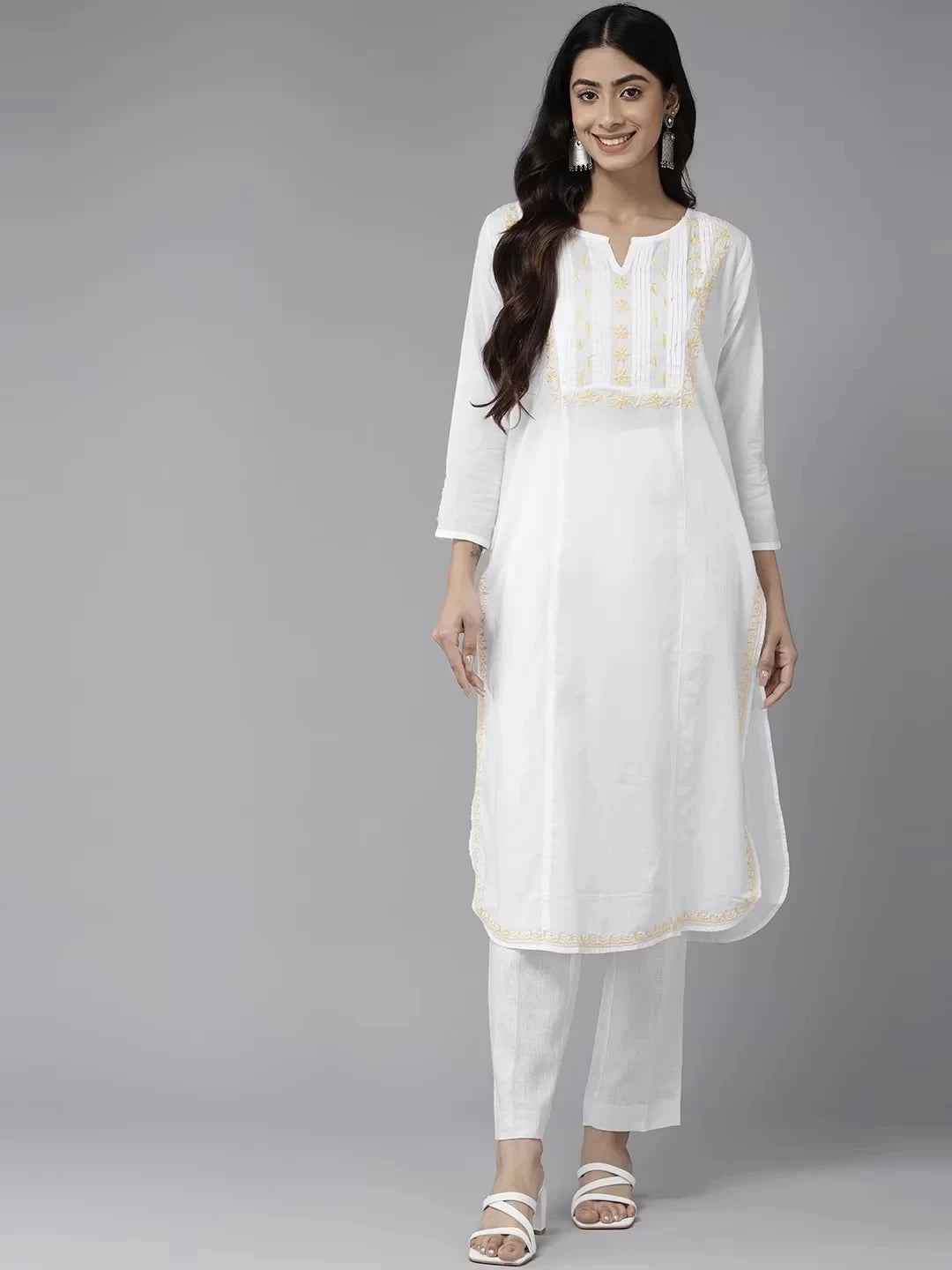 Ada Hand Embroidered White Cotton Lucknowi Chikankari Straight Kurta A411458