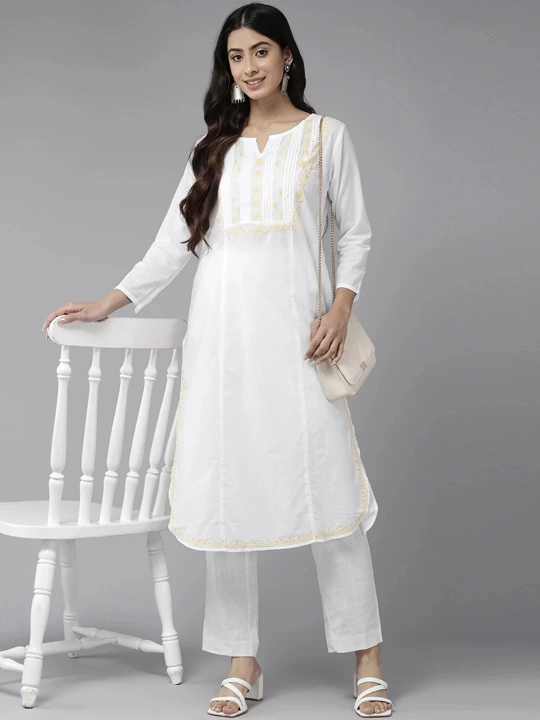 Ada Hand Embroidered White Cotton Lucknowi Chikankari Straight Kurta A411458