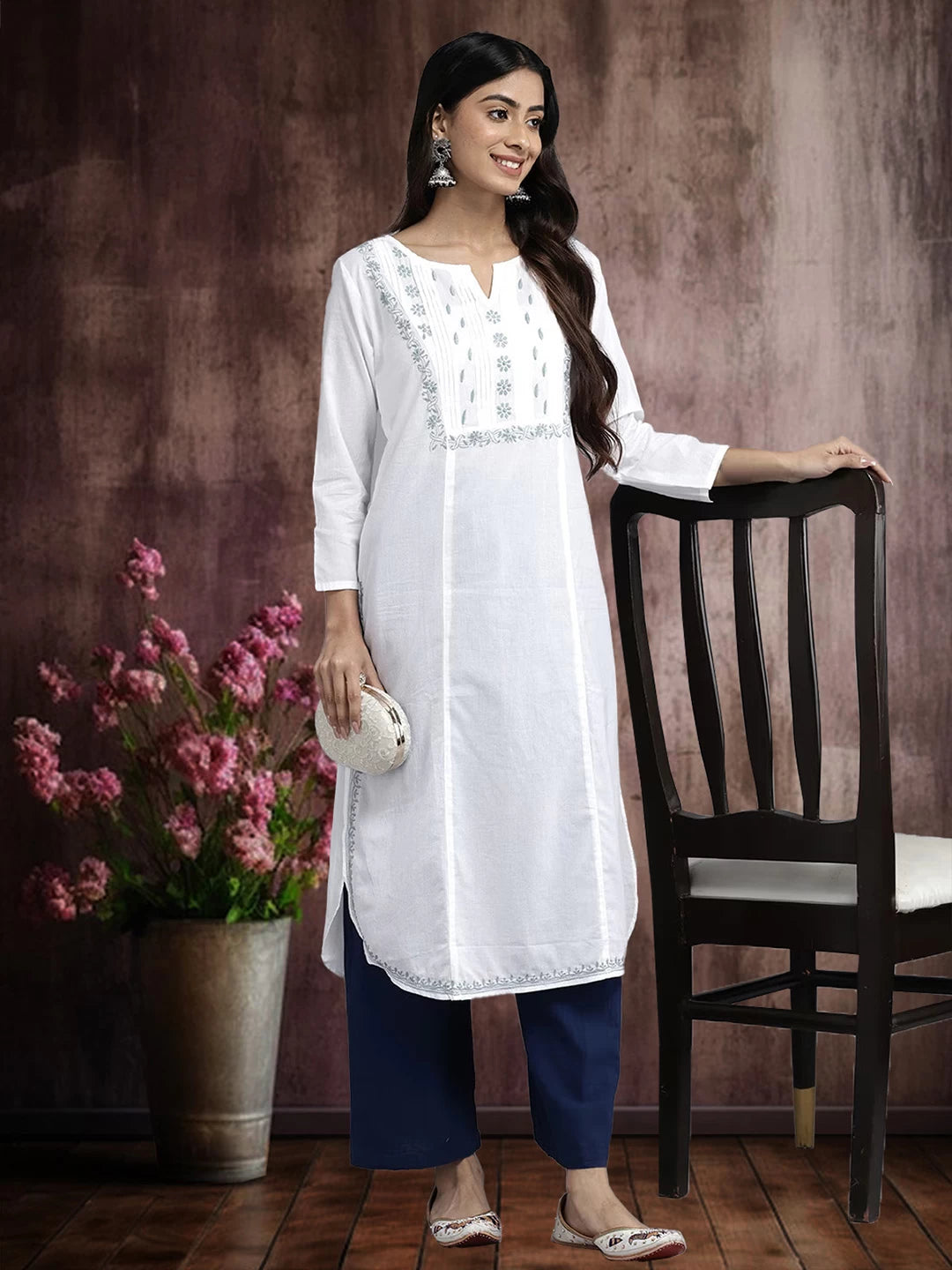 Ada Hand Embroidered White Cotton Lucknowi Chikankari Straight Kurta A411445
