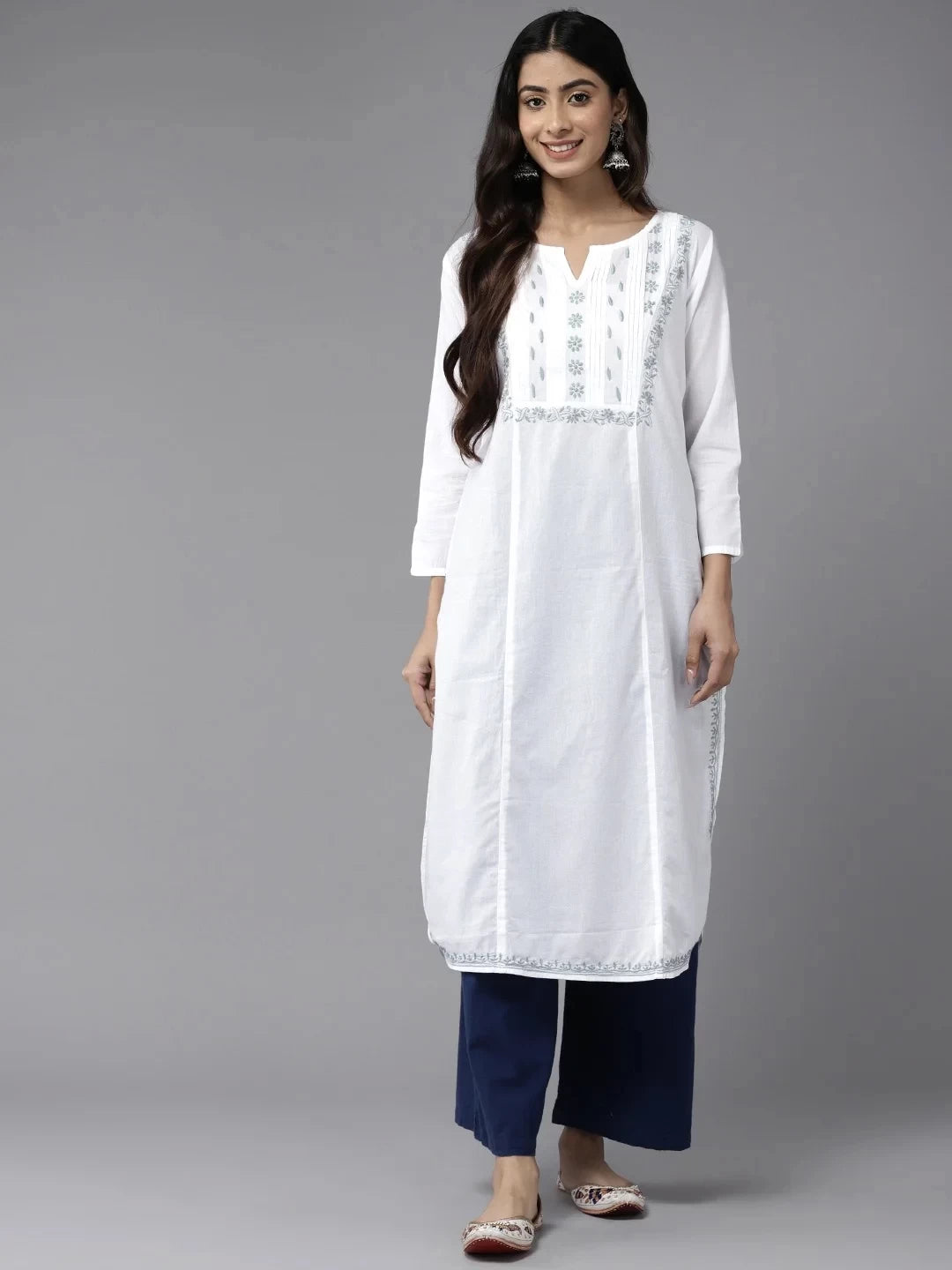 Ada Hand Embroidered White Cotton Lucknowi Chikankari Straight Kurta A411445