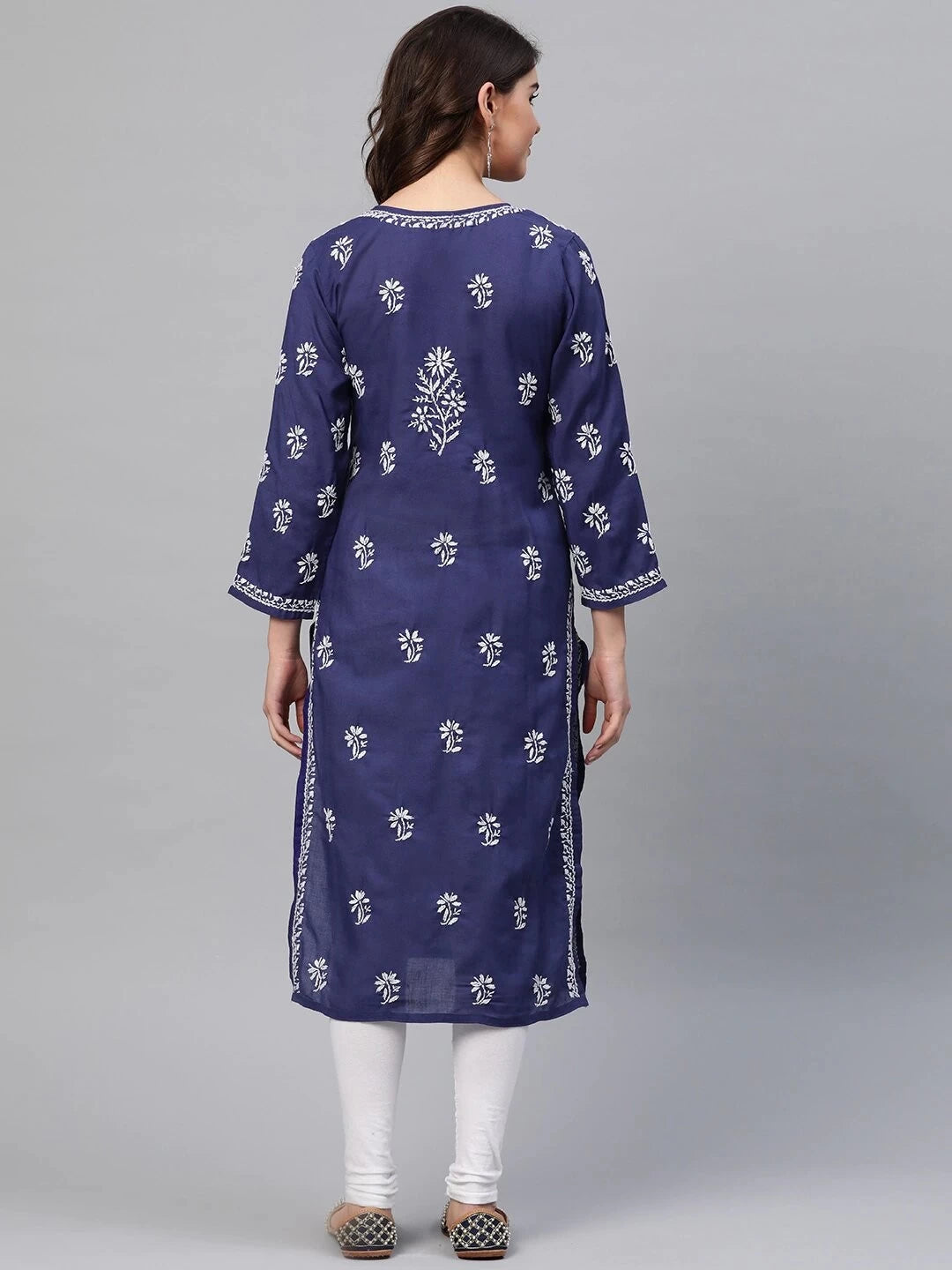 Ada Hand Embroidered Royal Blue Cotton Lucknow Chikan Straight Kurta A259597