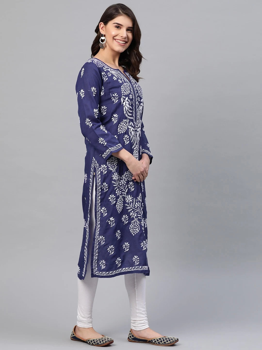 Ada Hand Embroidered Royal Blue Cotton Lucknow Chikan Straight Kurta A259597