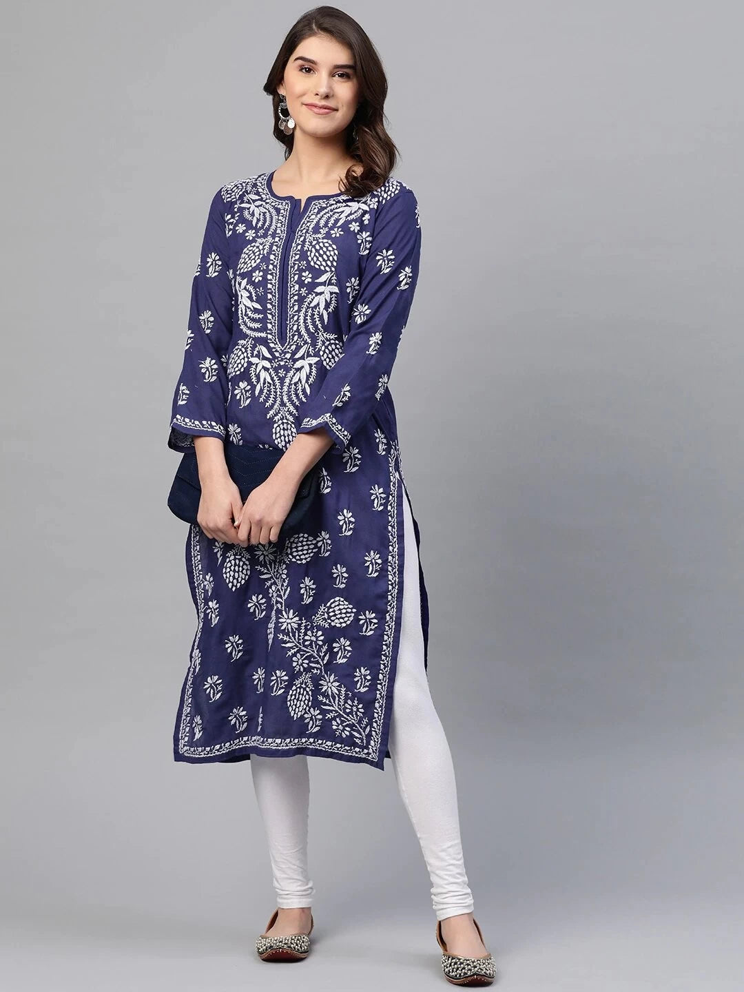 Ada Hand Embroidered Royal Blue Cotton Lucknow Chikan Straight Kurta A259597
