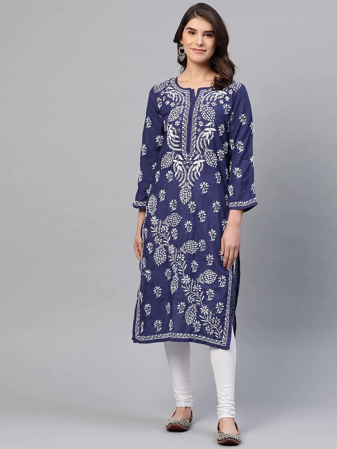 Ada Hand Embroidered Royal Blue Cotton Lucknow Chikan Straight Kurta A259597
