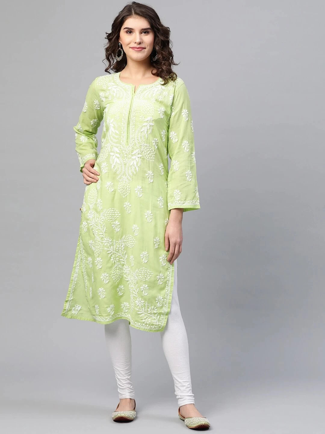 Ada Hand Embroidered Green Cotton Lucknow Chikan Straight Kurta A217028