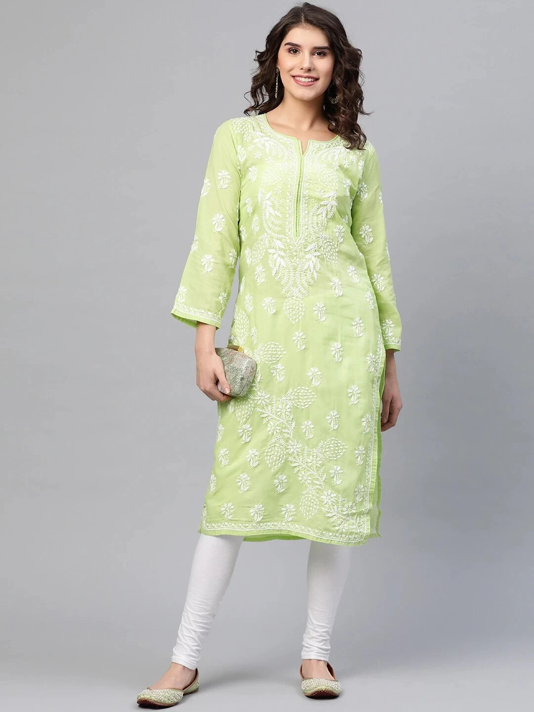 Ada Hand Embroidered Green Cotton Lucknow Chikan Straight Kurta A217028