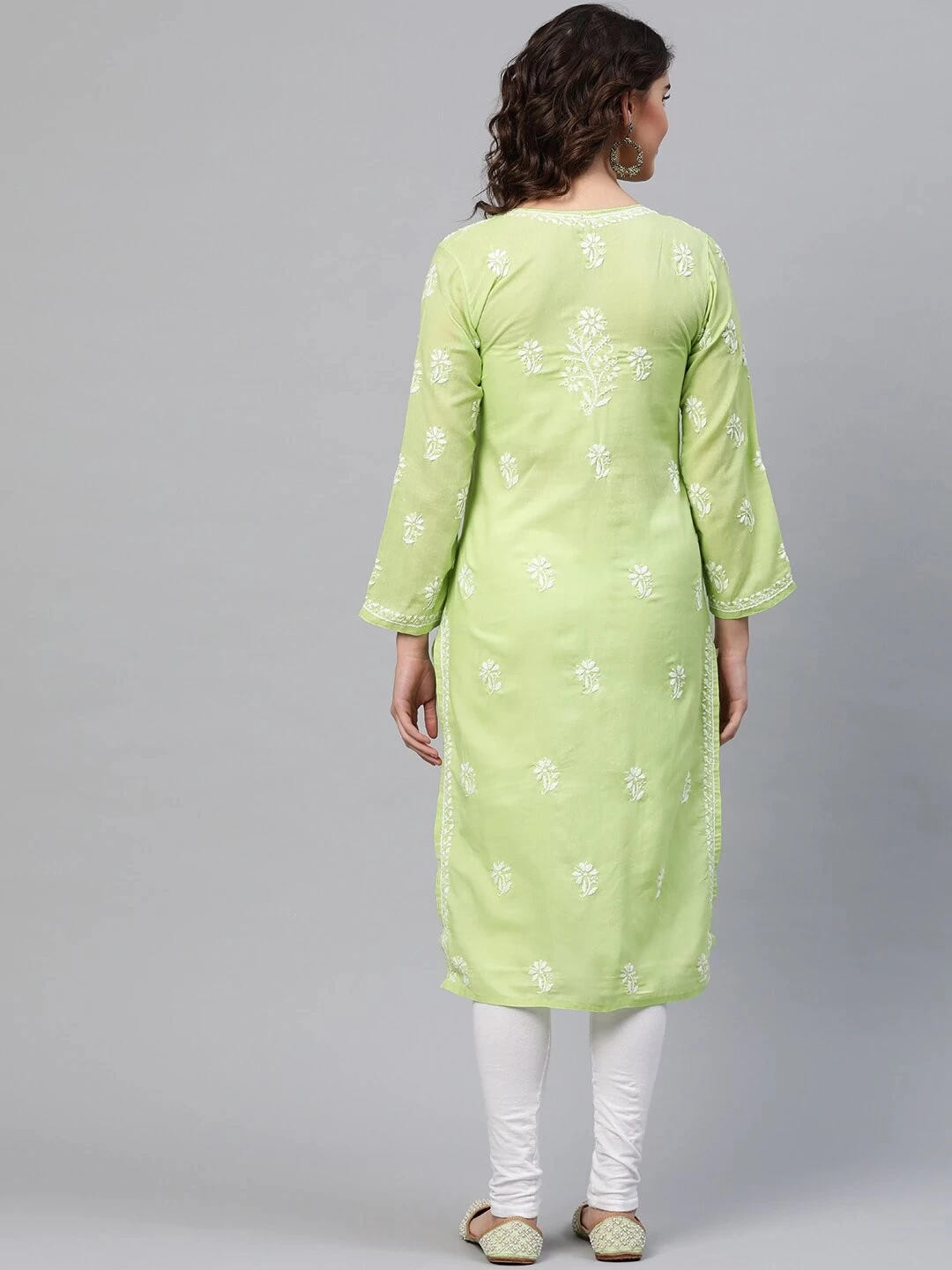 Ada Hand Embroidered Green Cotton Lucknow Chikan Straight Kurta A217028