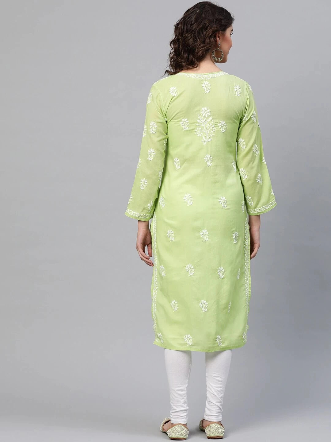 Ada Hand Embroidered Green Cotton Lucknow Chikan Straight Kurta A217028