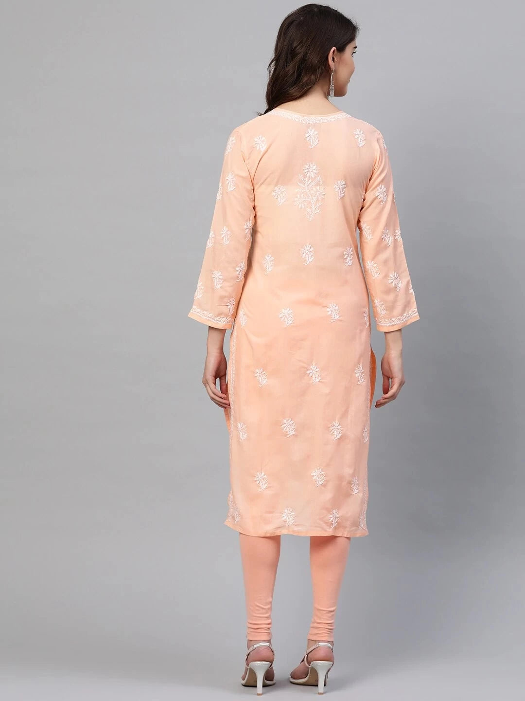 Ada Hand Embroidered Peach Cotton Lucknowi Chikankari Straight Kurta A259586