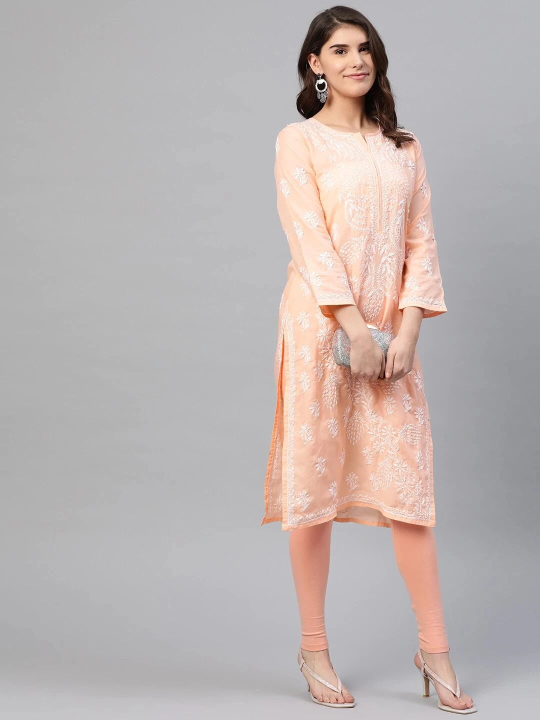 Ada Hand Embroidered Peach Cotton Lucknowi Chikankari Straight Kurta A259586