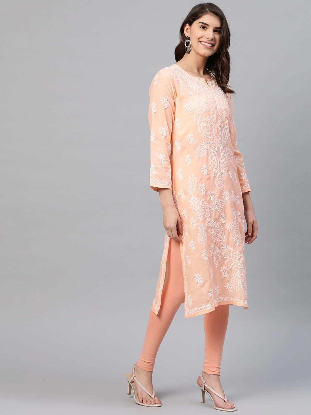 Ada Hand Embroidered Peach Cotton Lucknowi Chikankari Straight Kurta A259586