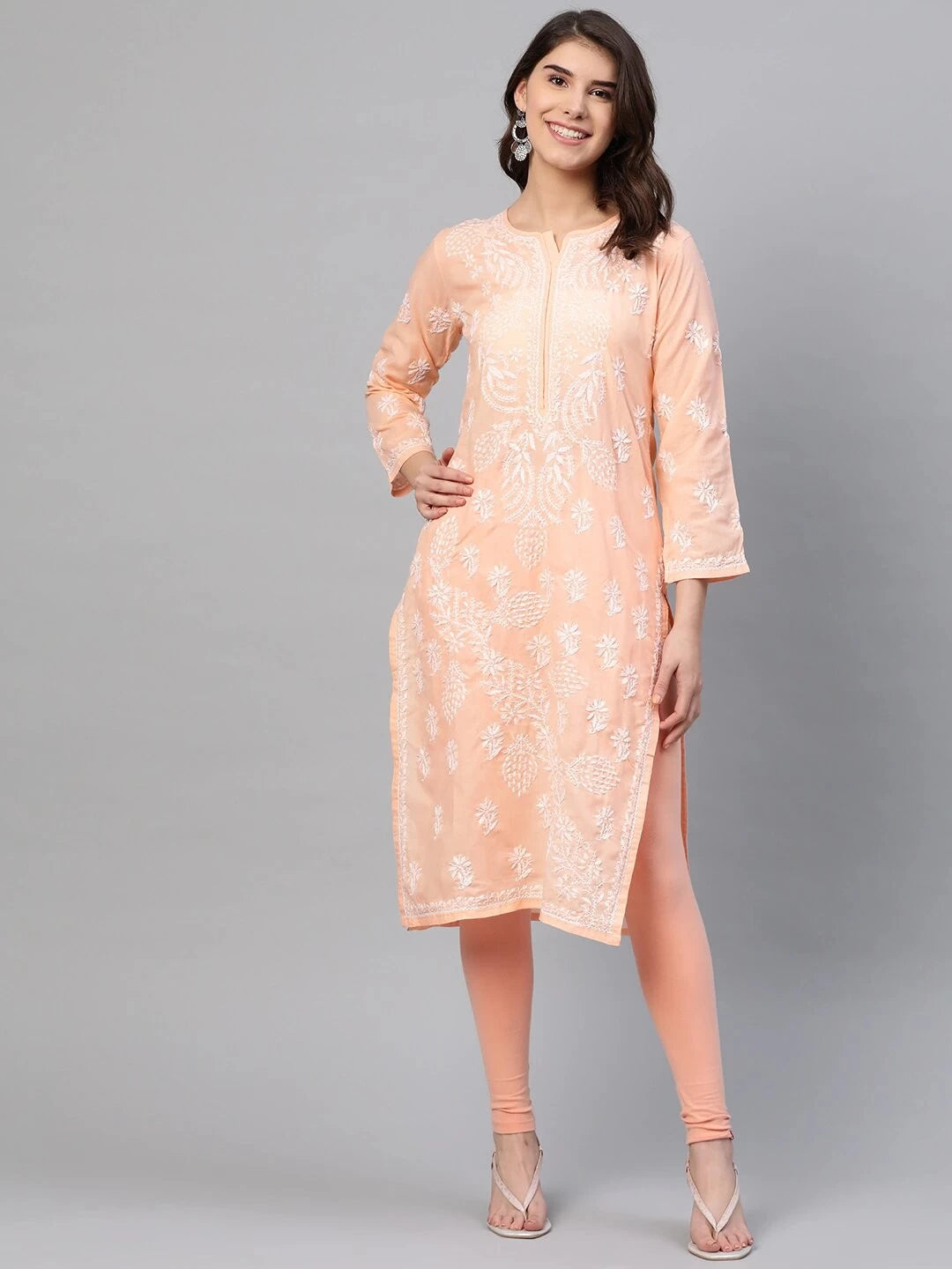 Ada Hand Embroidered Peach Cotton Lucknowi Chikankari Straight Kurta A259586