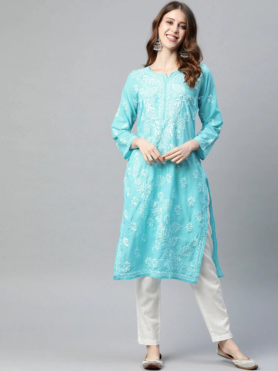 Ada Hand Embroidered Blue Cotton Lucknow Chikan Straight Kurta A207970