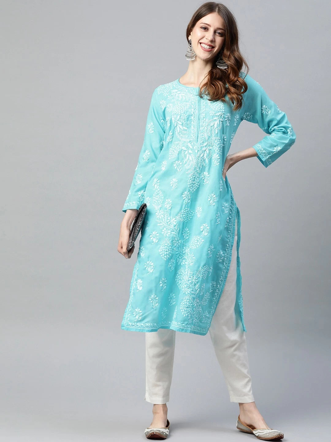 Ada Hand Embroidered Blue Cotton Lucknow Chikan Straight Kurta A207970