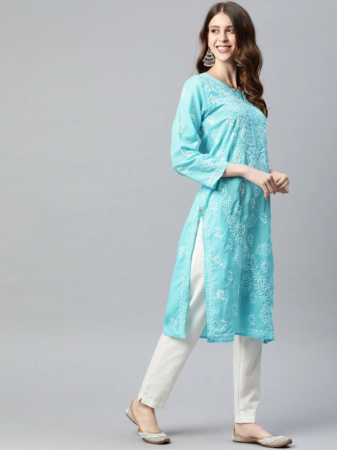 Ada Hand Embroidered Blue Cotton Lucknow Chikan Straight Kurta A207970