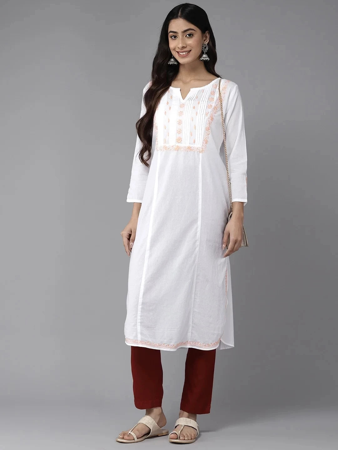 Ada Hand Embroidered White Cotton Lucknowi Chikankari Straight Kurta A411456