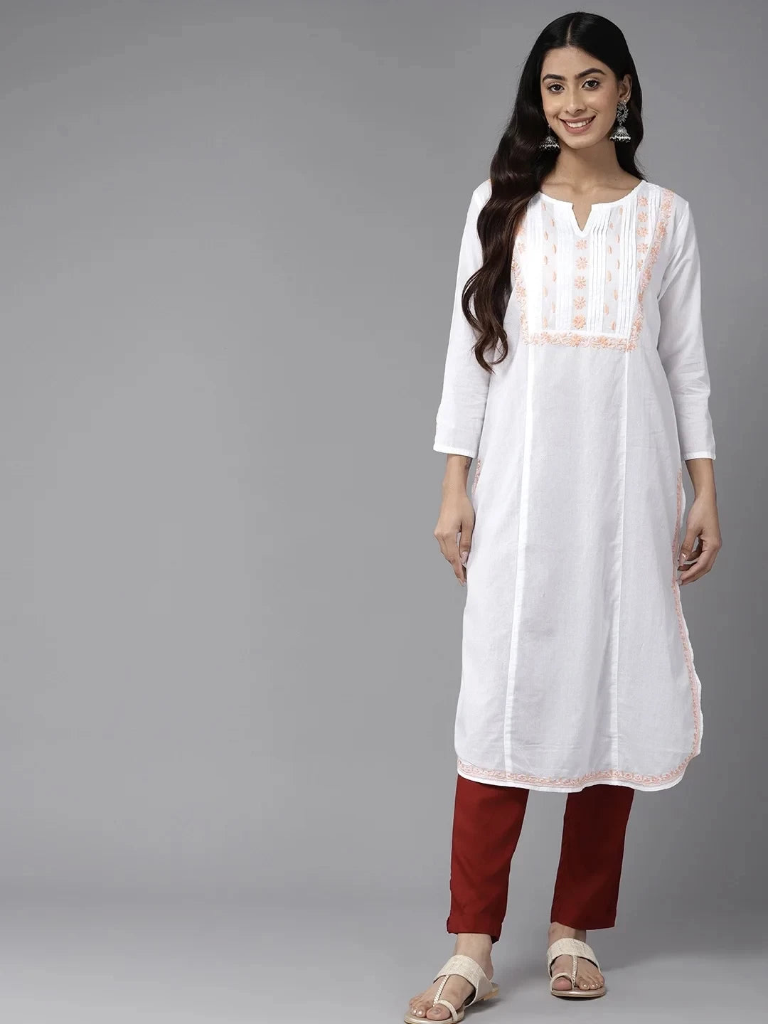 Ada Hand Embroidered White Cotton Lucknowi Chikankari Straight Kurta A411456