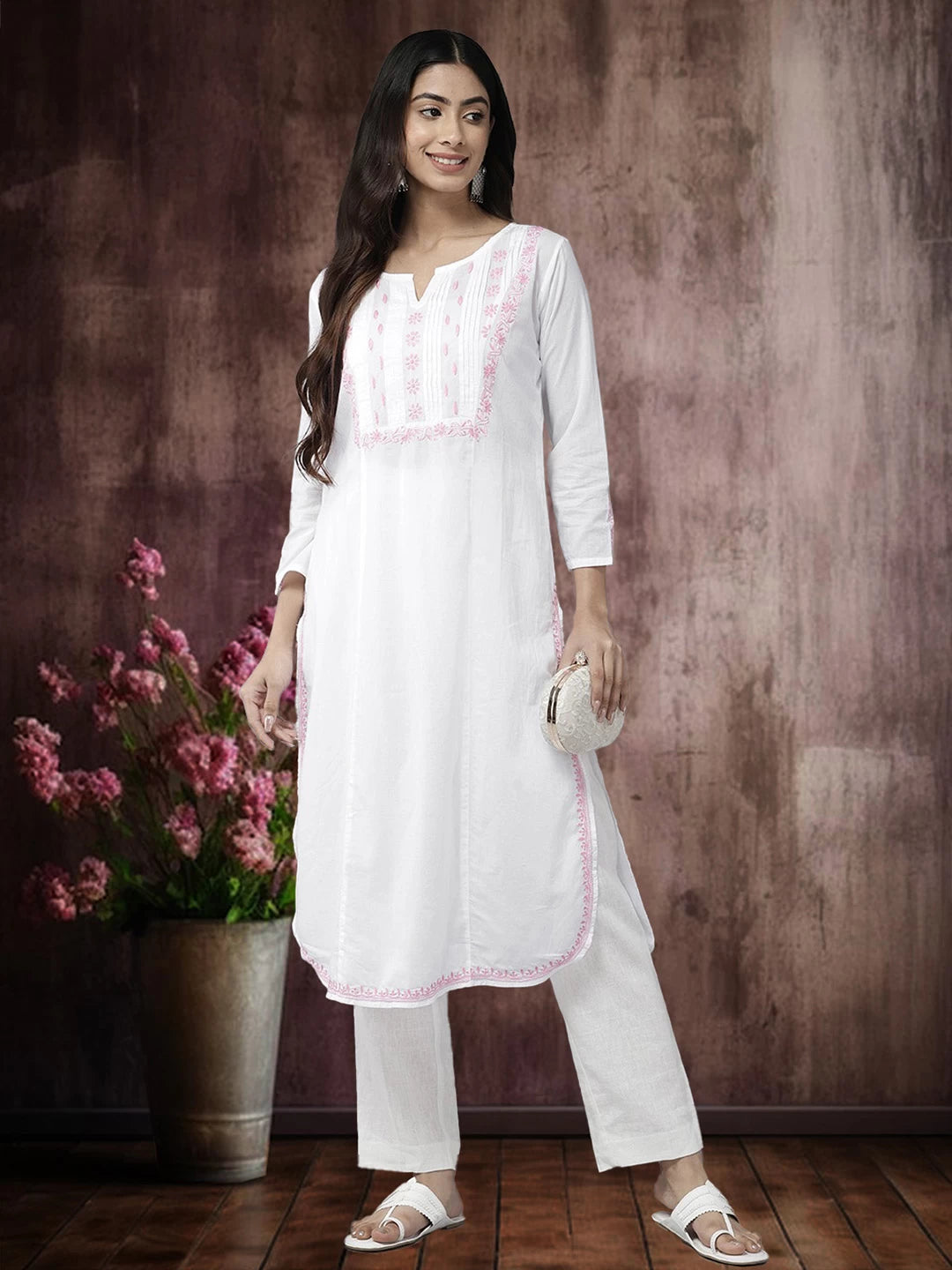 Ada Hand Embroidered White Cotton Lucknowi Chikankari Straight Kurta A411454