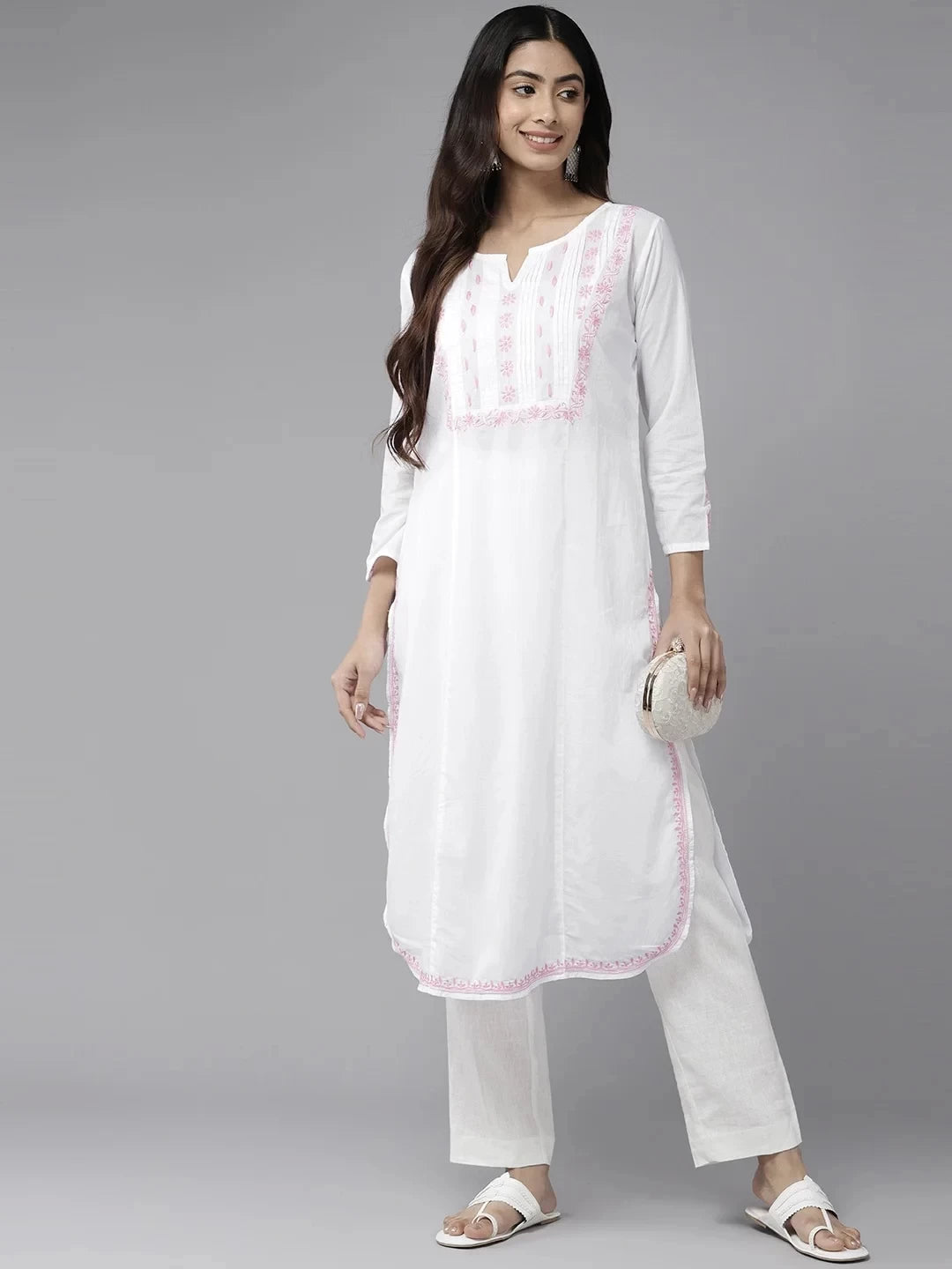 Ada Hand Embroidered White Cotton Lucknowi Chikankari Straight Kurta A411454