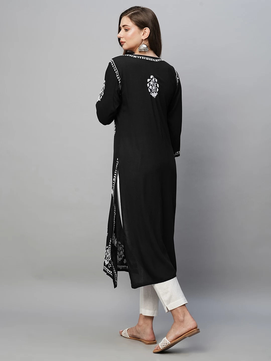 Ada Hand Embroidered Jet Black Rayon Lucknowi Chikankari Straight Kurta A411513