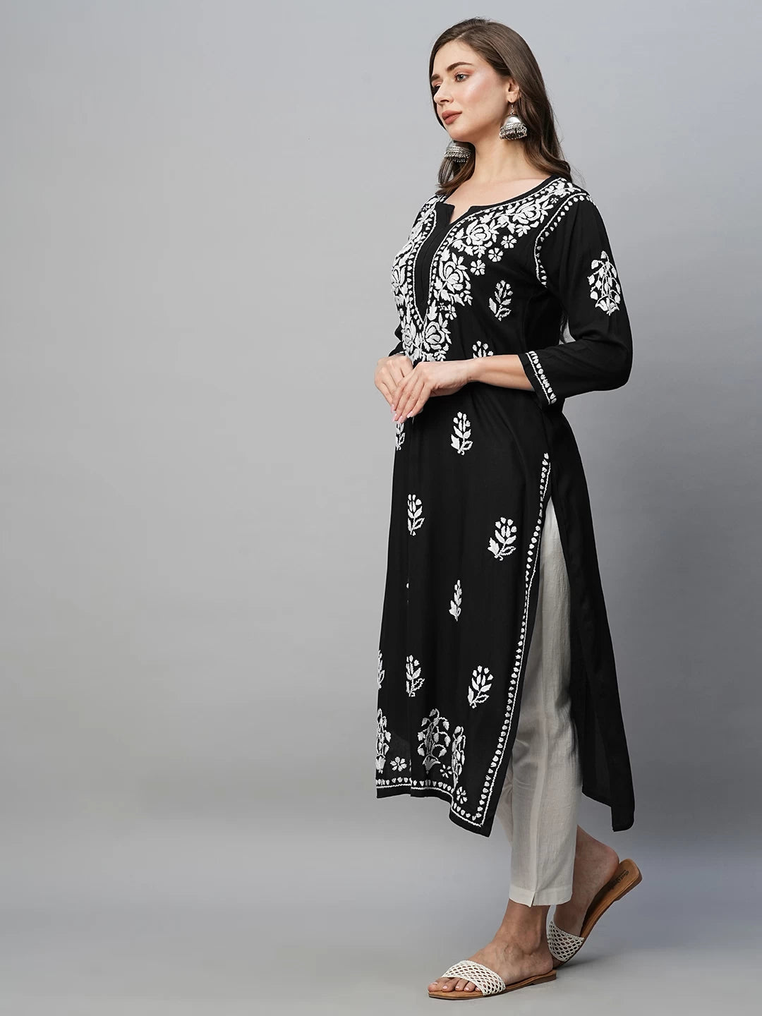 Ada Hand Embroidered Jet Black Rayon Lucknowi Chikankari Straight Kurta A411513