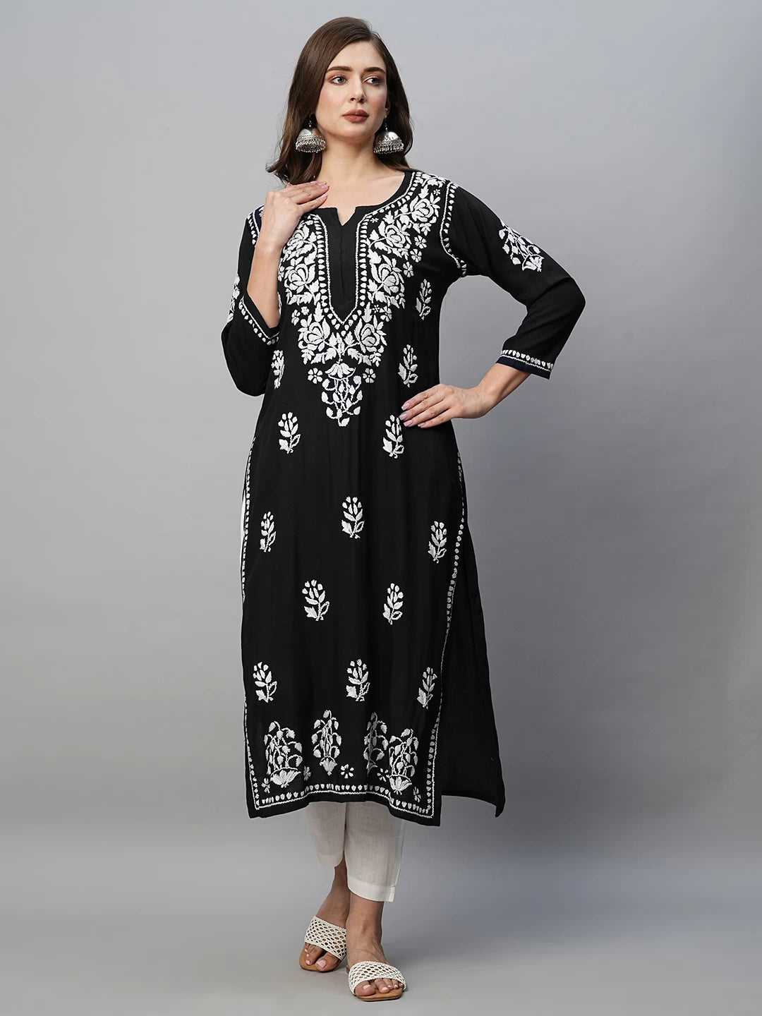 Ada Hand Embroidered Jet Black Rayon Lucknowi Chikankari Straight Kurta A411513