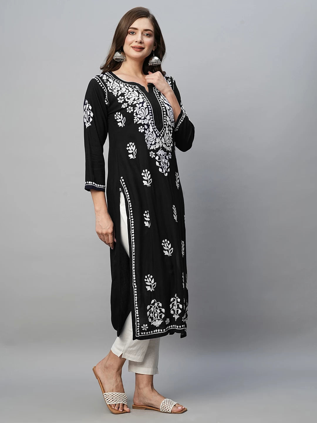Ada Hand Embroidered Jet Black Rayon Lucknowi Chikankari Straight Kurta A411513
